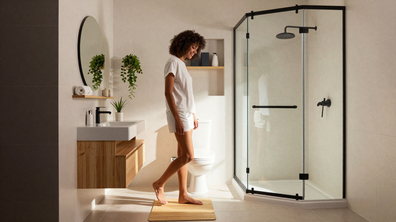 Woman in white outfit stepping onto a wooden bath mat in a modern bathroom with glass shower and plants.