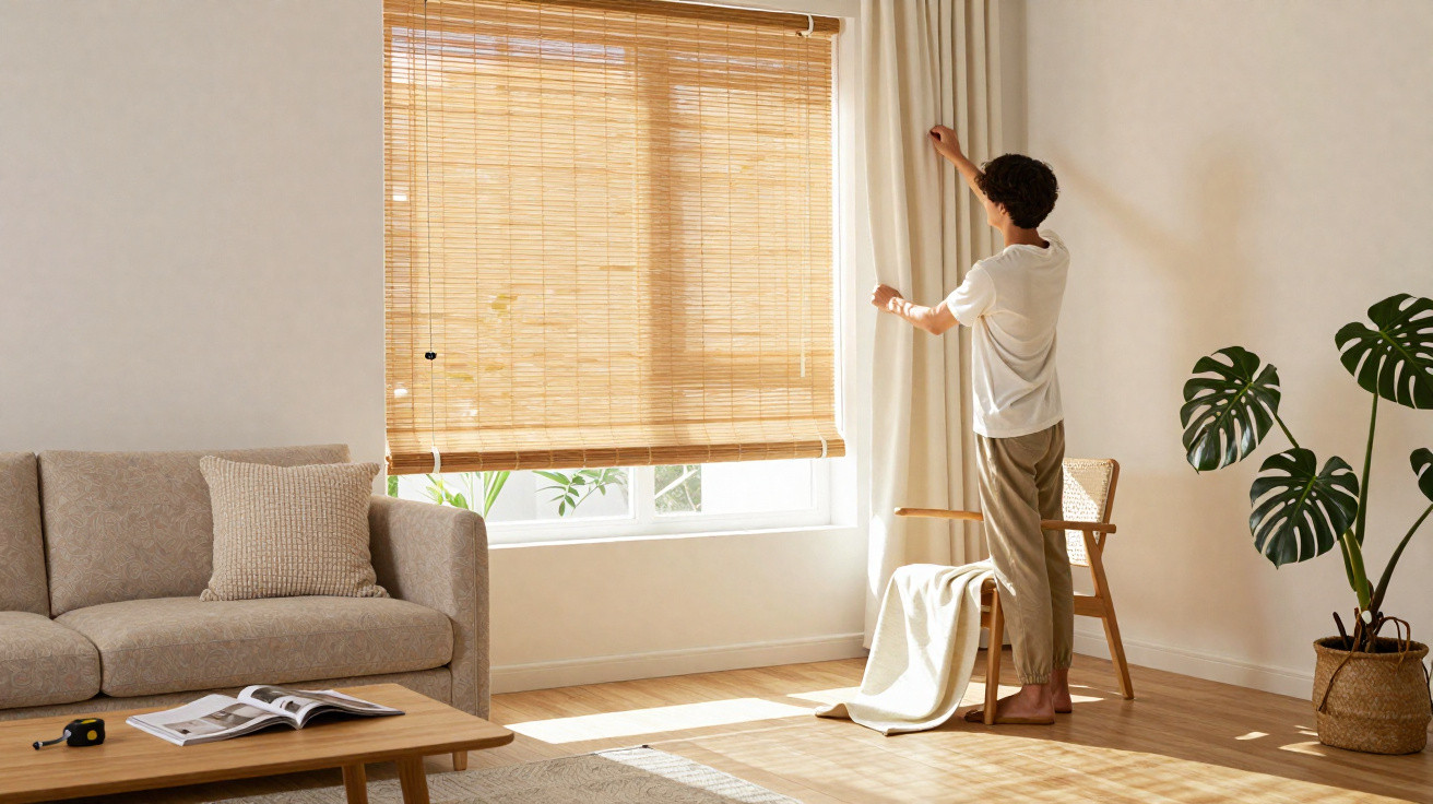 Person adjusting white curtains in bright, minimalist living room with beige sofa, wooden furniture, and green plant.