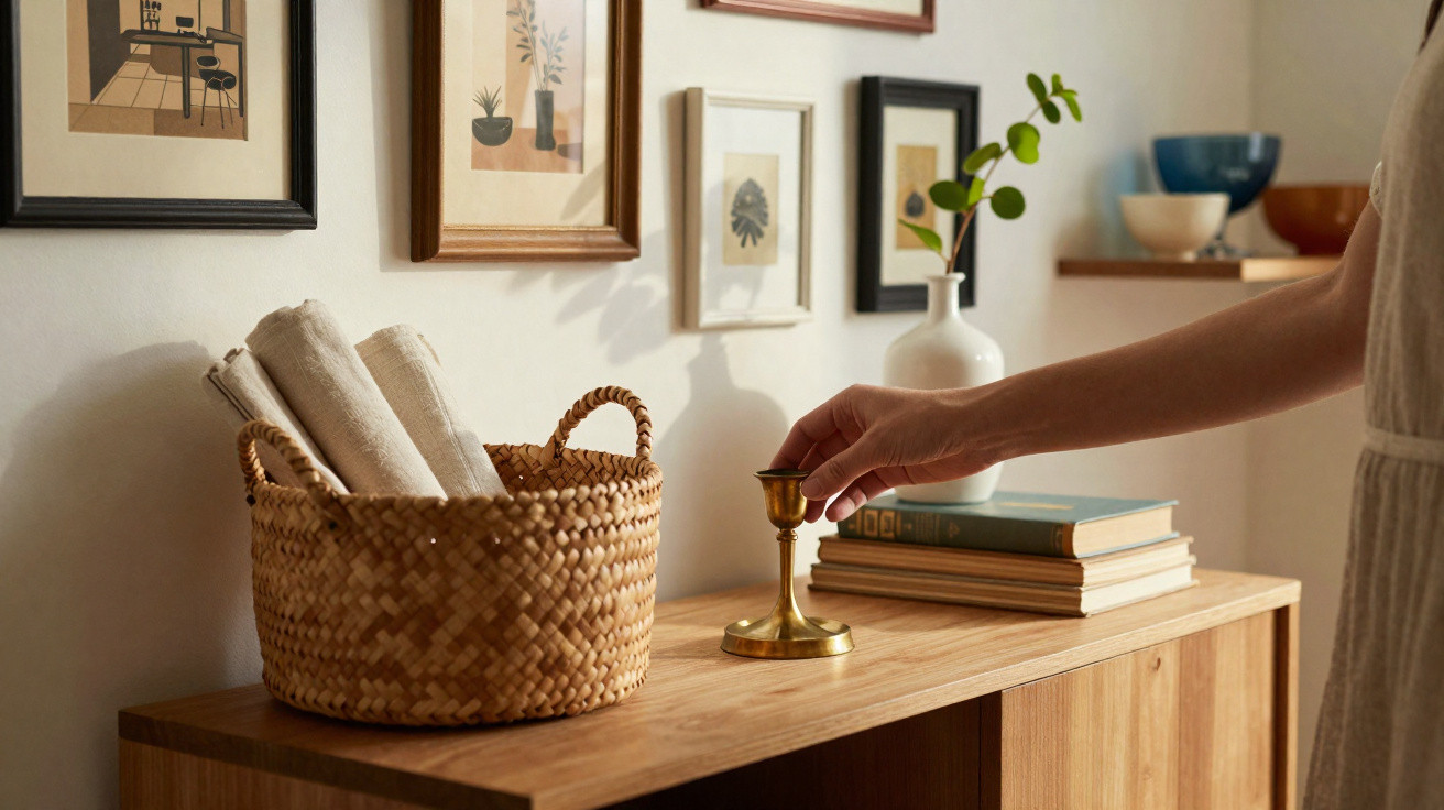 Person's hand holding a brass candle holder on a wooden sideboard with books, basket and framed art on wall.
