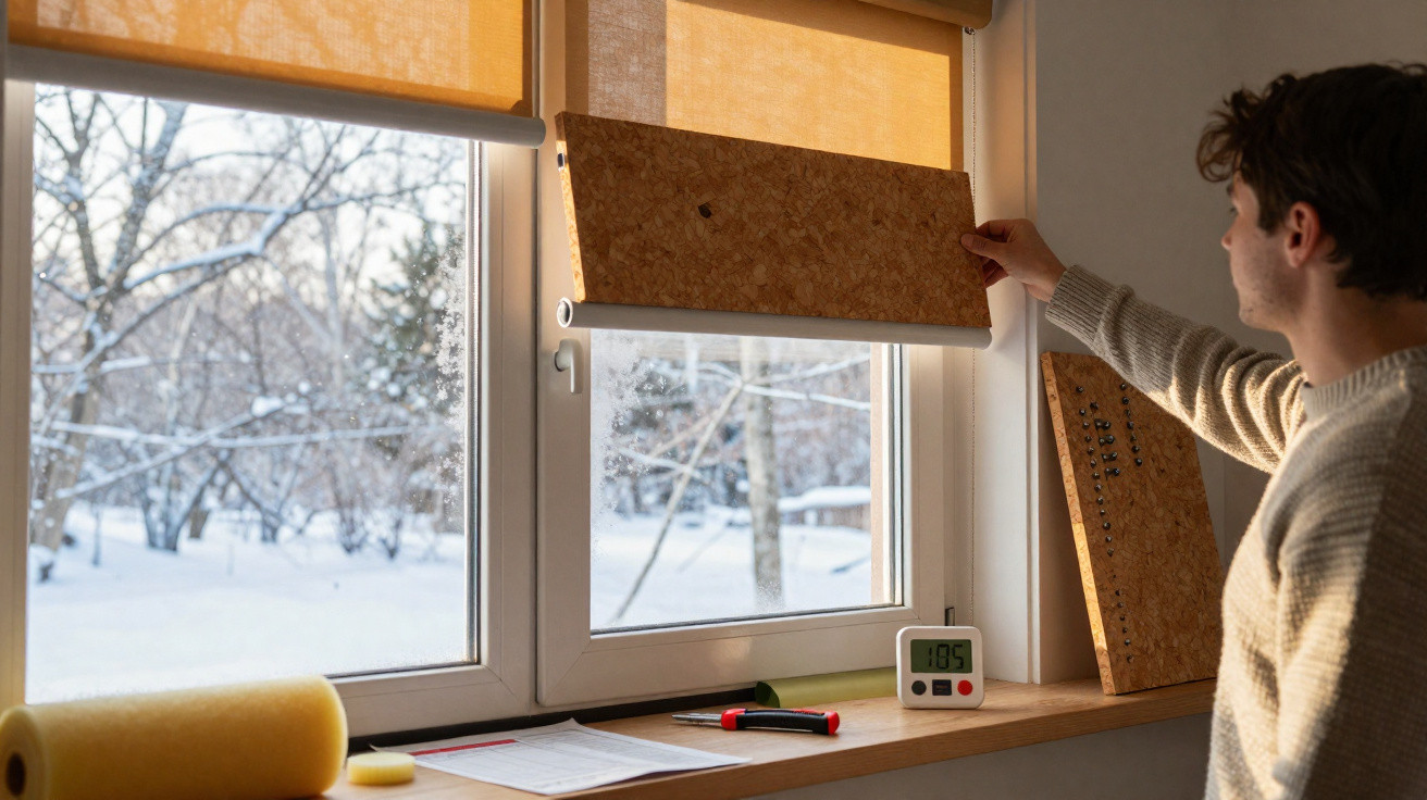 Person installing insulation panel on a window with a snowy landscape outside during daytime.