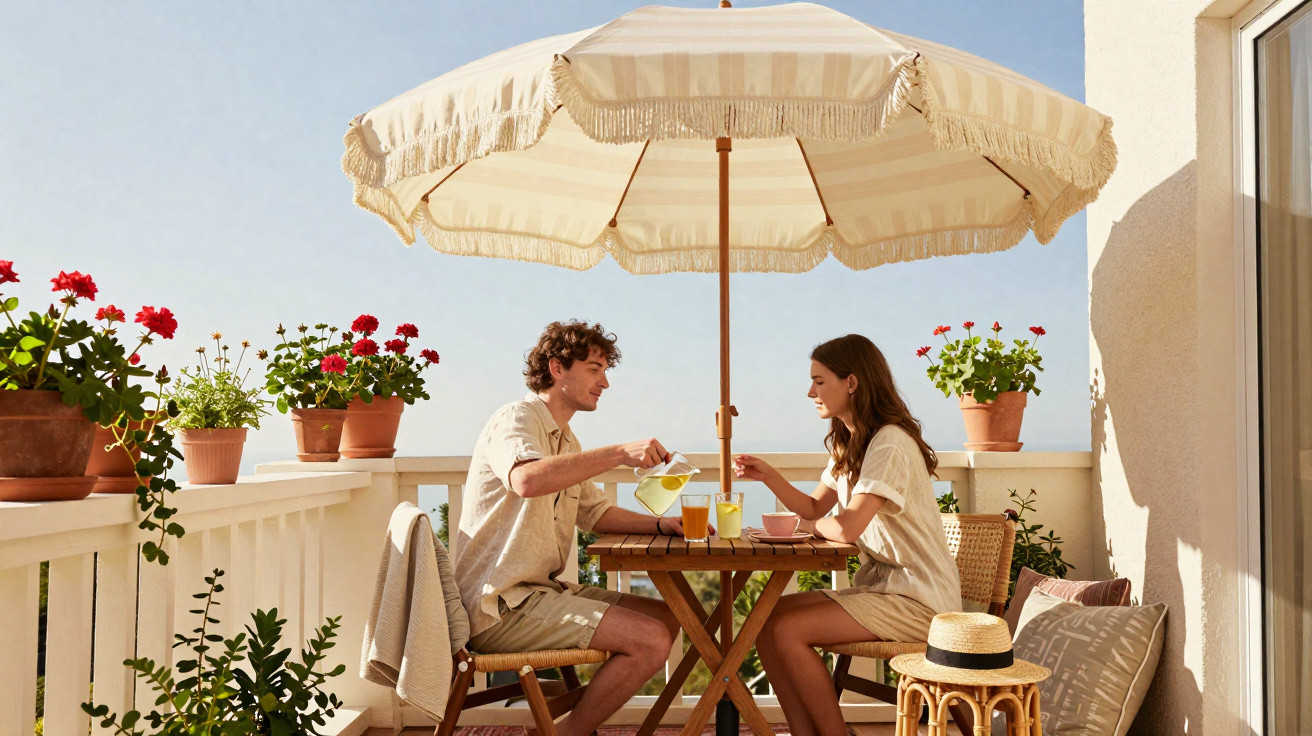 Couple sitting at wooden table under large cream parasol on balcony with potted flowers, enjoying drinks on sunny day.
