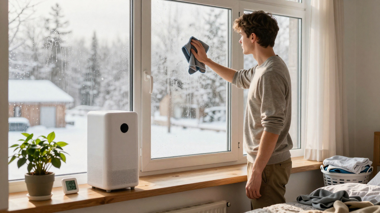 Young man cleaning a large window indoors with a cloth on a snowy day outside.