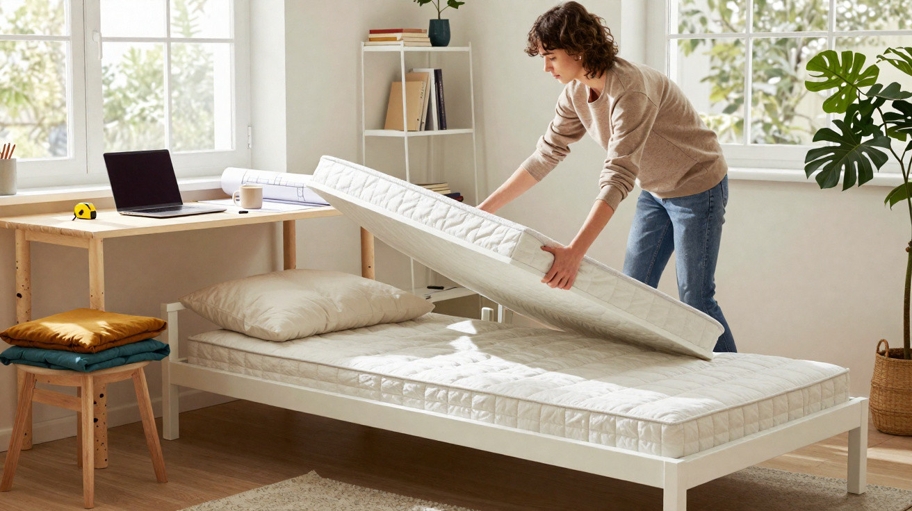 Person lifting a mattress in a sunlit bedroom with a desk, laptop, cushions, and a potted plant.