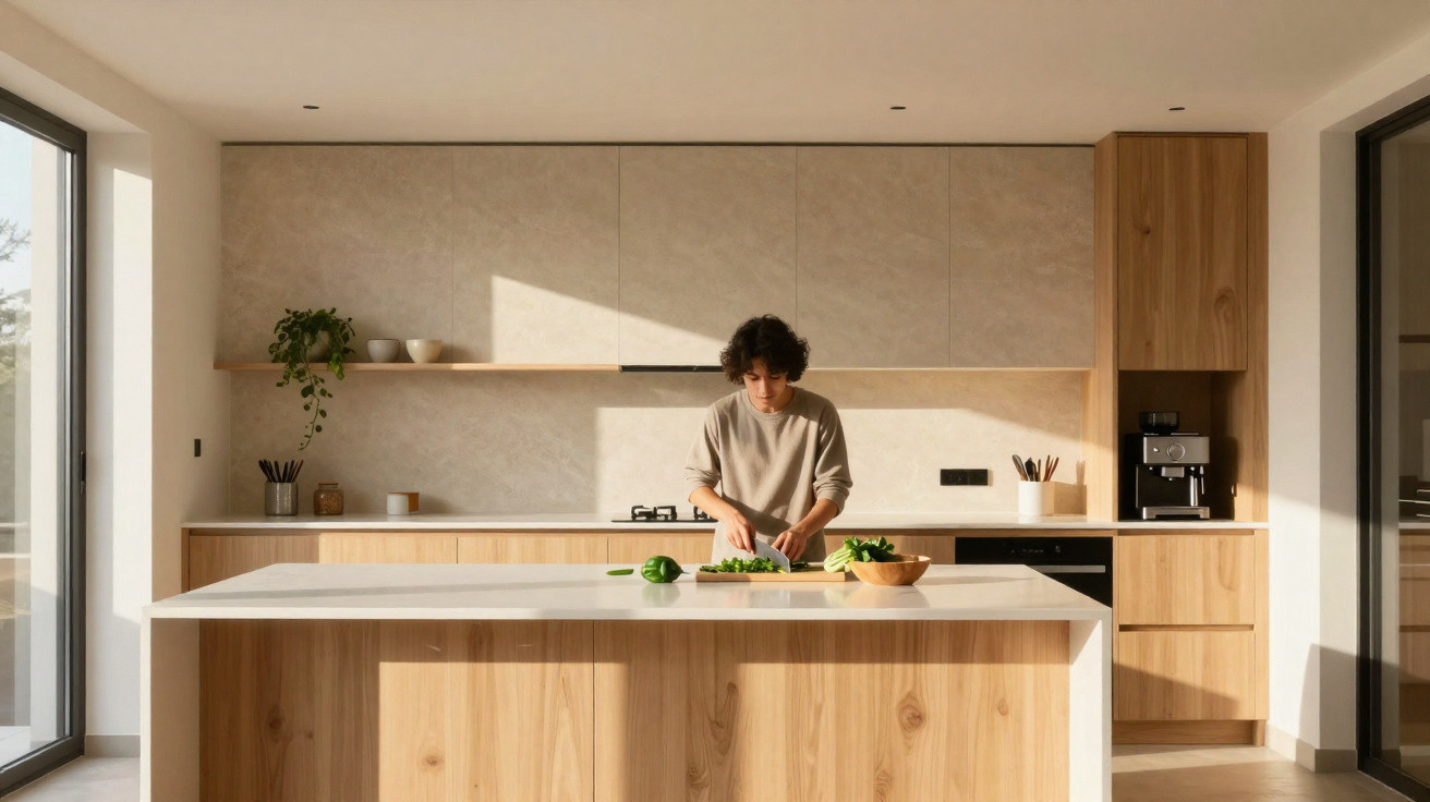 Person chopping vegetables on a large wooden kitchen island in a modern, sunlit kitchen with beige cabinets.