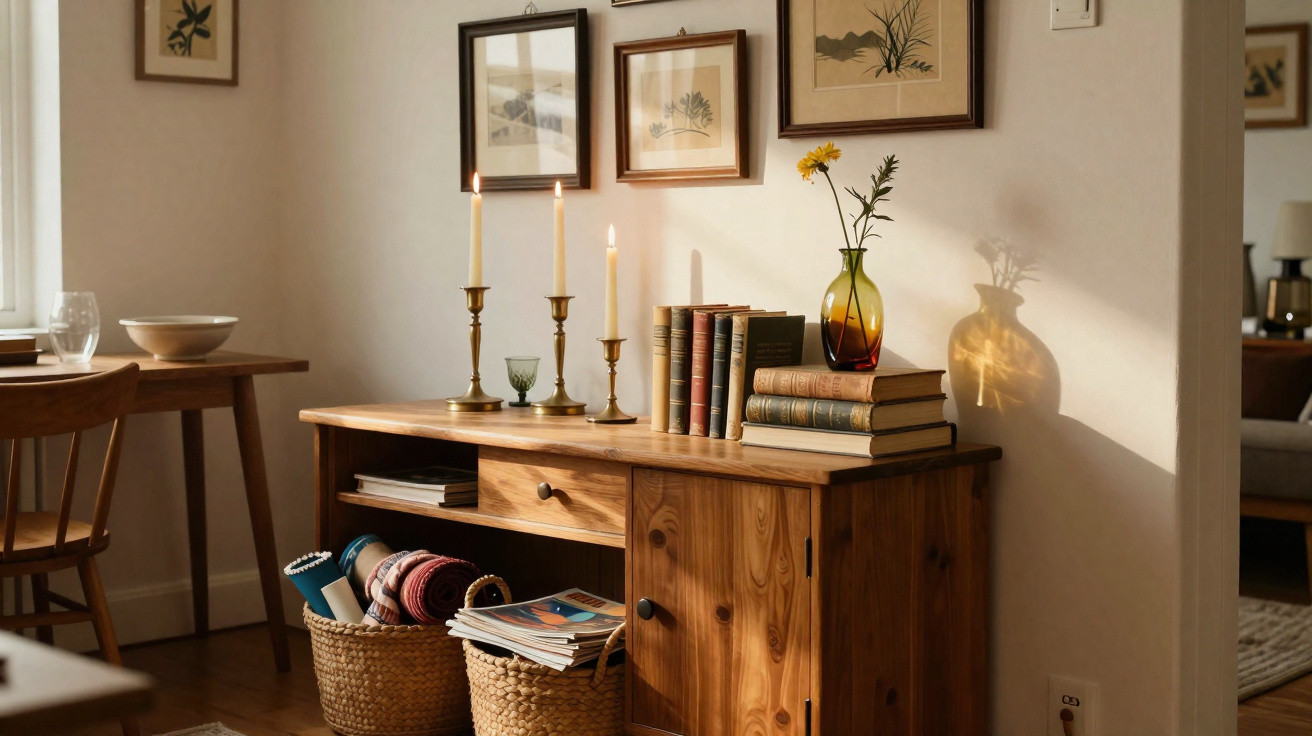 Wooden sideboard with candles, books, a vase with a yellow flower, baskets and framed artwork on a cream wall.
