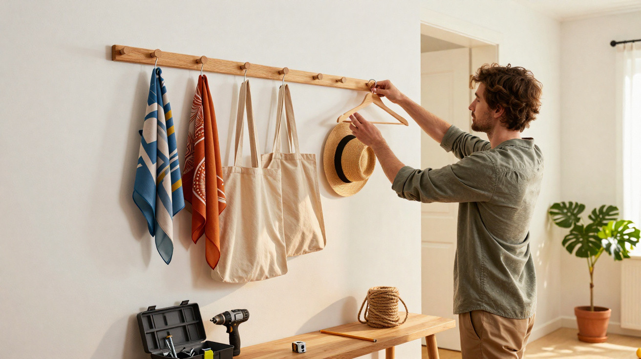 Man organising a wooden wall rack holding scarves, tote bags, and a hat in a bright, tidy hallway.