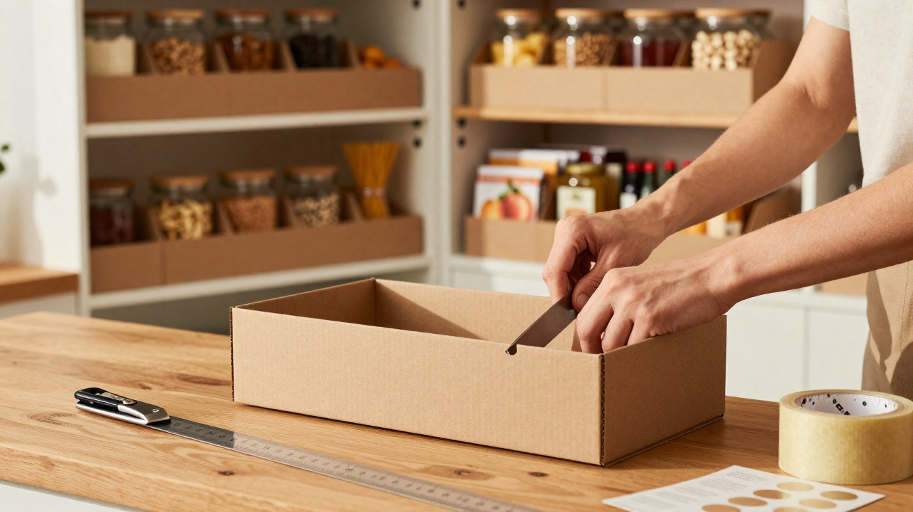 Person packaging a cardboard box on a wooden table in a kitchen with organised shelves in the background