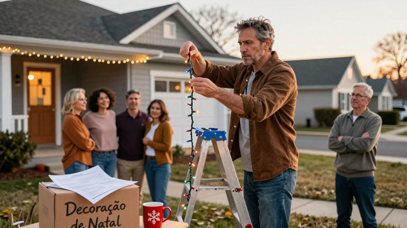 Man hangs Christmas lights on ladder outdoors while others watch near festive decorations box.