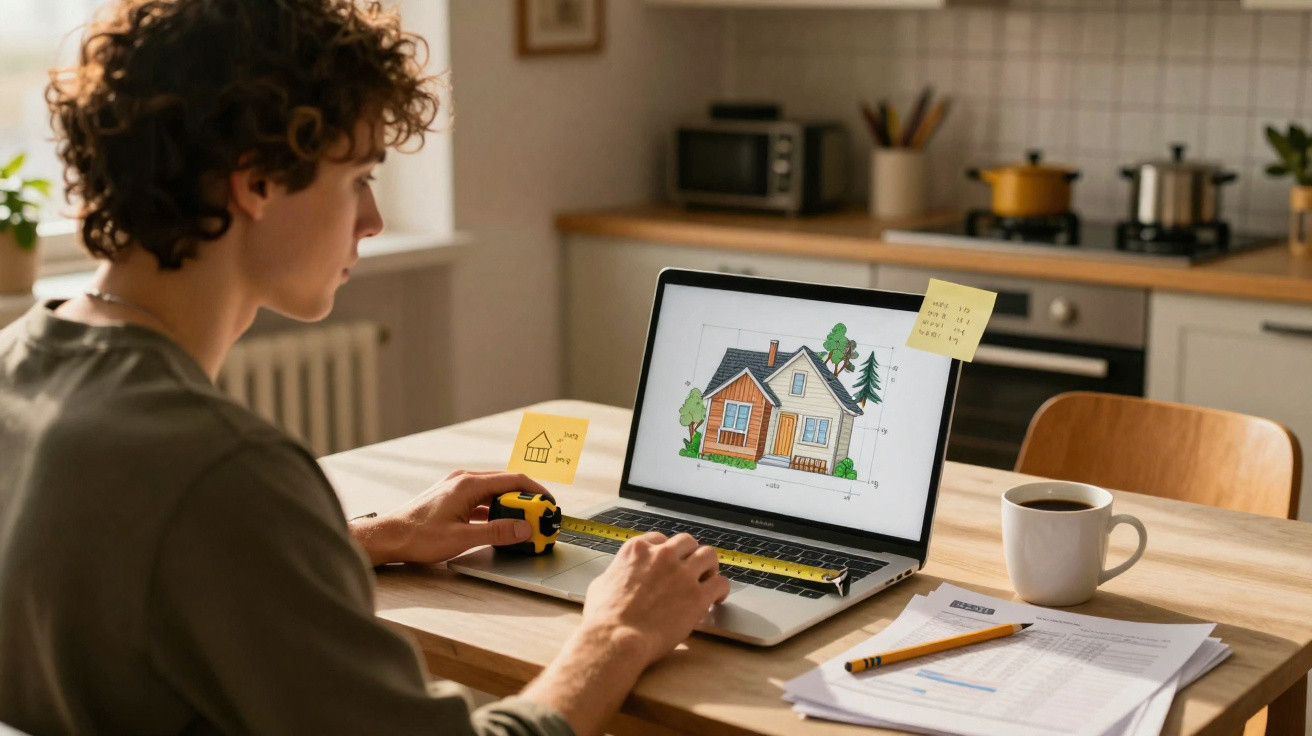 Person measuring a laptop screen displaying a house design sketch at a kitchen table with papers and coffee.
