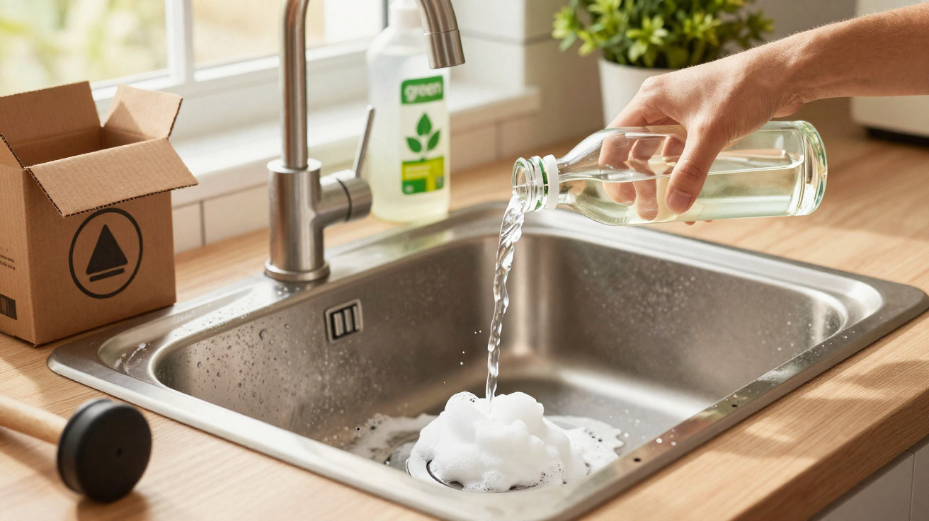 Hand pouring liquid into a stainless steel kitchen sink filled with foam and bubbles near a window and soap dispenser.