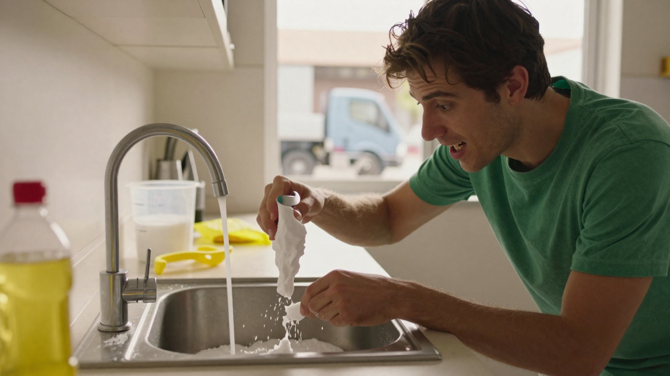 Young man squeezing shaving cream into a kitchen sink with running water in a domestic setting.
