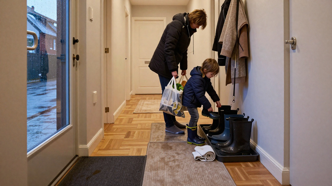 Adult and child in raincoats putting on boots in hallway on a rainy day outside.