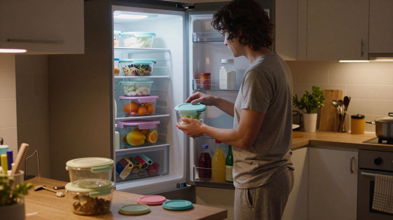 Person in casual clothes taking a container from an open fridge in a modern kitchen at night.