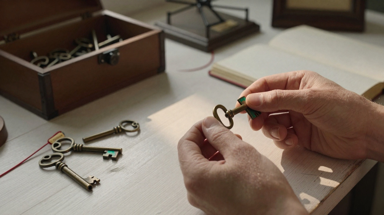 Hands holding a vintage brass key over a white wooden table with other old keys and an open wooden box.