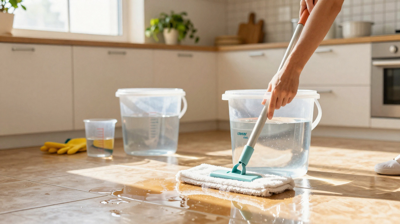 Person mopping a wet tiled kitchen floor with water buckets and gloves nearby in bright modern kitchen.