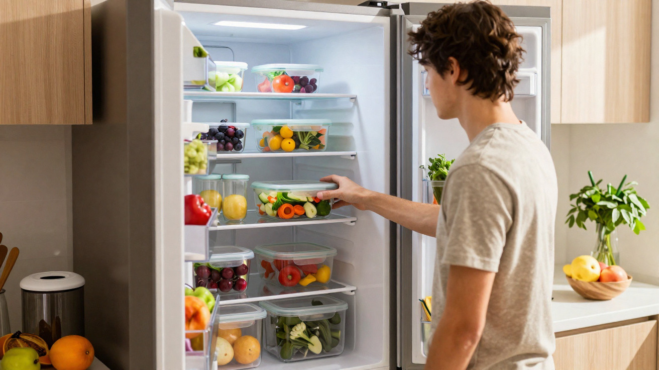 Young man organising fresh fruits and vegetables in clear plastic containers inside a modern fridge.