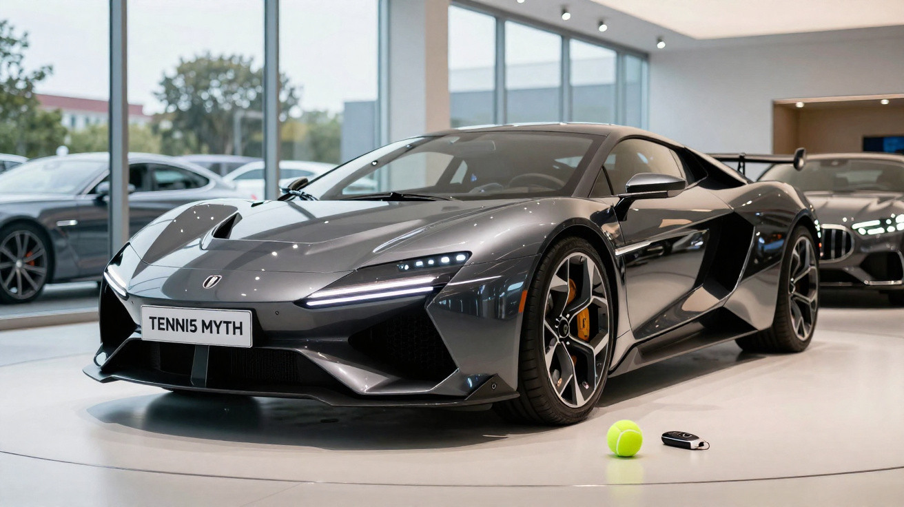 Glossy grey sports car with sleek design displayed indoors, tennis ball and car key fob on floor nearby.