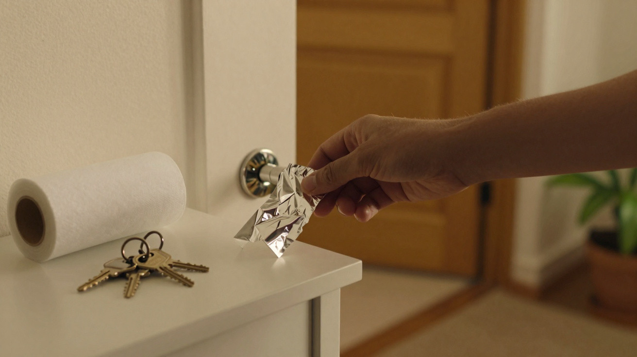 Hand holding crumpled aluminium foil near a white cabinet with keys and a paper towel roll.