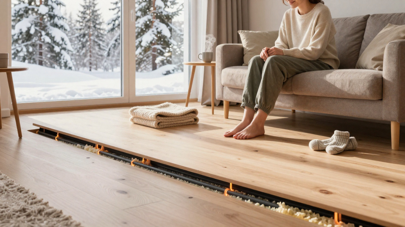 Woman sitting barefoot on a sofa near a built-in floor fireplace with snowy trees outside the window