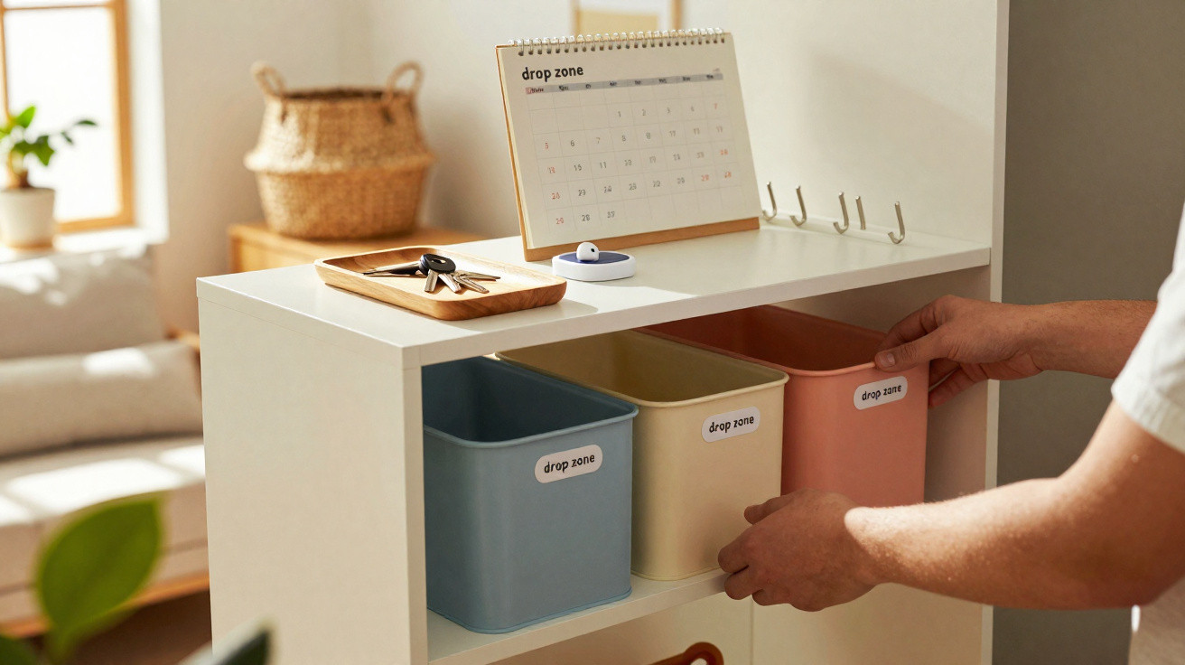Person organising three labelled drop zone storage bins on a white shelf with keys and calendar on top.