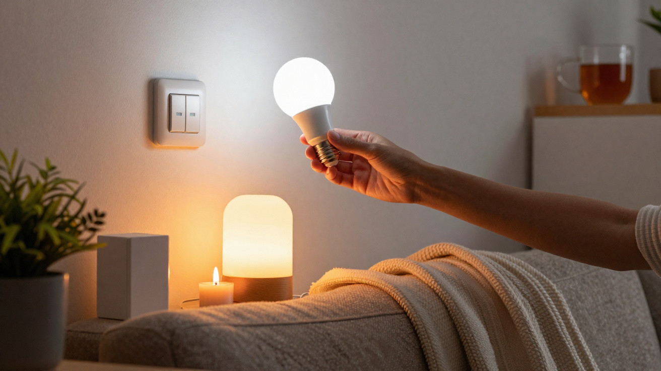 Hand holding glowing LED bulb above cosy sofa with blanket and warm lamp lighting nearby.