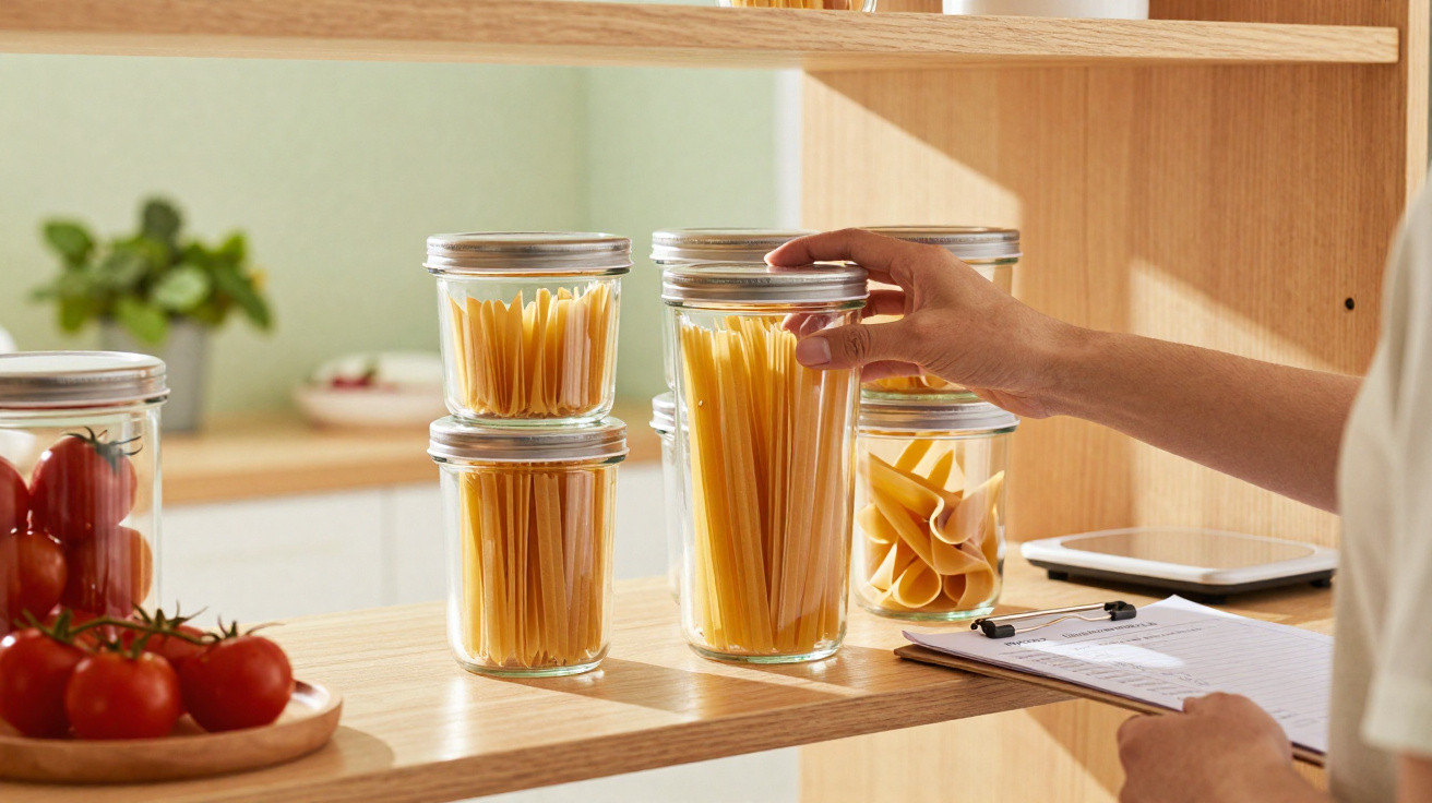 Hand holding a glass jar of pasta on a kitchen shelf with other jars of pasta and a clipboard nearby.
