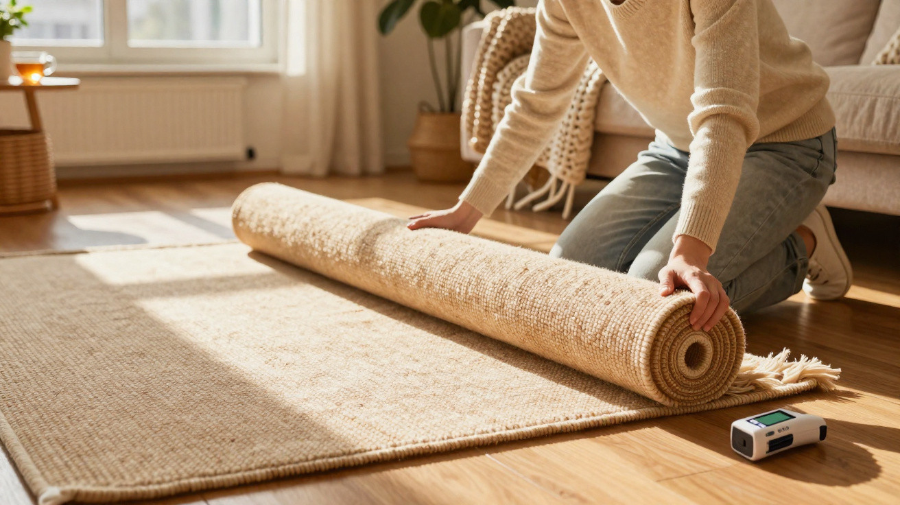 Person kneeling on the floor rolling up a beige woven rug in a sunlit living room with wooden flooring