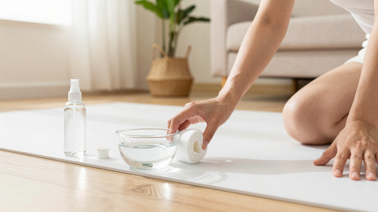 Person kneeling on a white mat with a bowl of water, a spray bottle, and a roll of white bandage nearby.