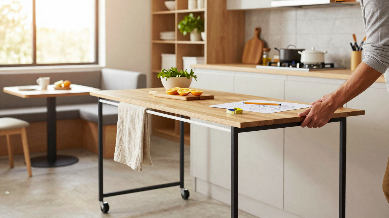Person adjusting a wooden kitchen island with cut lemons, plants, and papers in a bright modern kitchen.