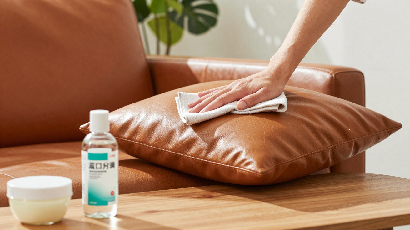 Hand wiping brown leather cushion on sofa with white cloth beside cleaning products on wooden table.