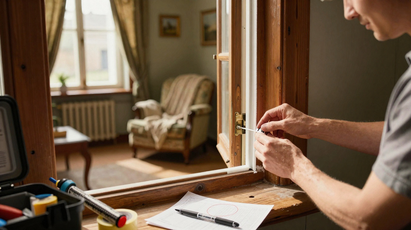 Person fitting a window latch in a cosy living room with tools and notes on the wooden windowsill.