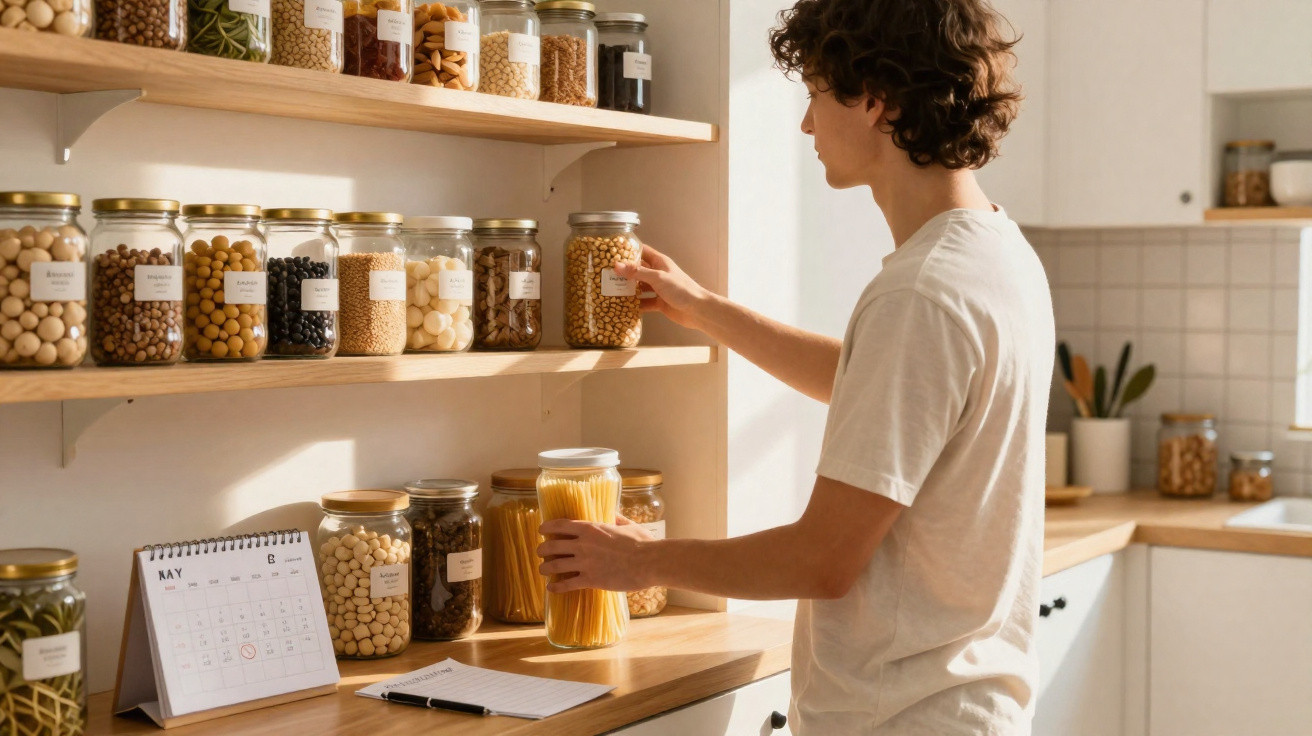 Person organising glass jars of dried food on kitchen shelves next to a calendar and notepad.