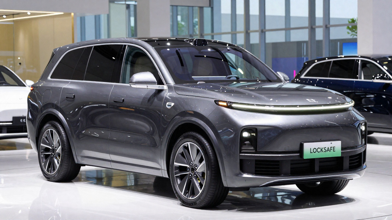 Grey modern electric SUV displayed indoors with sleek design and illuminated front light strip.