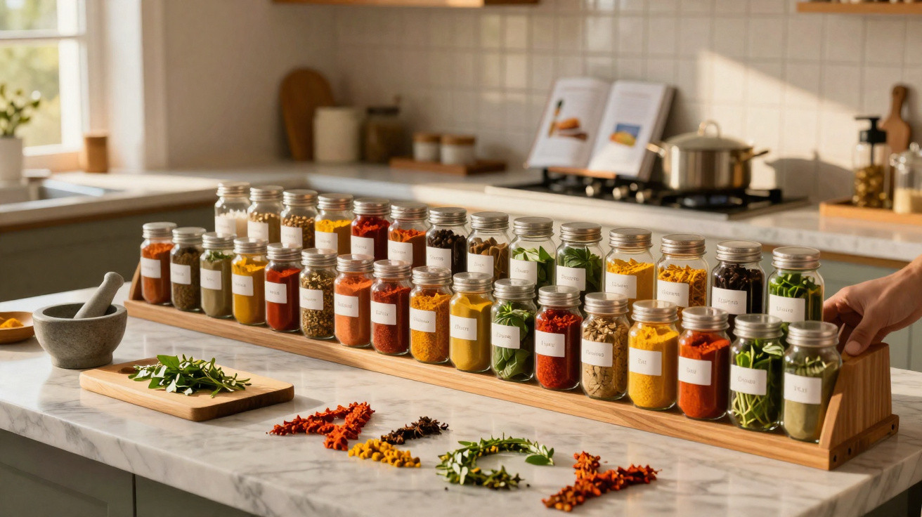 Glass jars filled with colourful dried spices and herbs on a wooden rack in a kitchen.