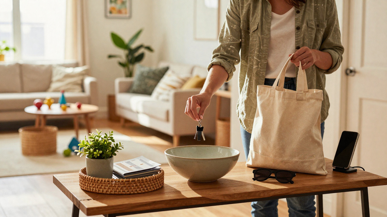 Person holding house keys over bowl on wooden table in a bright, cosy living room.