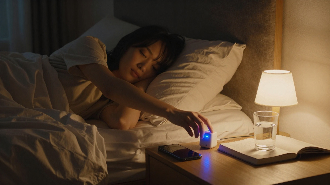 Person turning off a glowing alarm clock on a bedside table with a lamp, book, and glass of water at night.