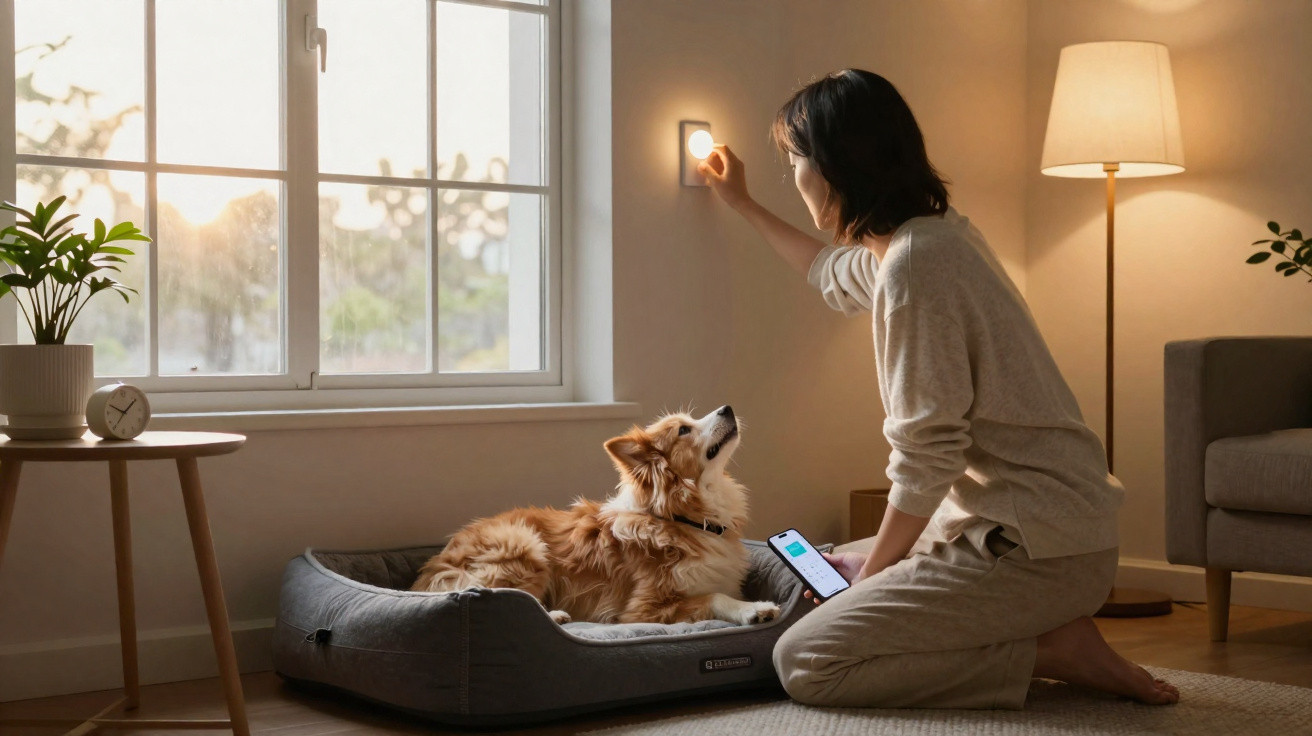 Woman adjusting smart light switch while sitting near dog resting on bed in cosy living room at sunset