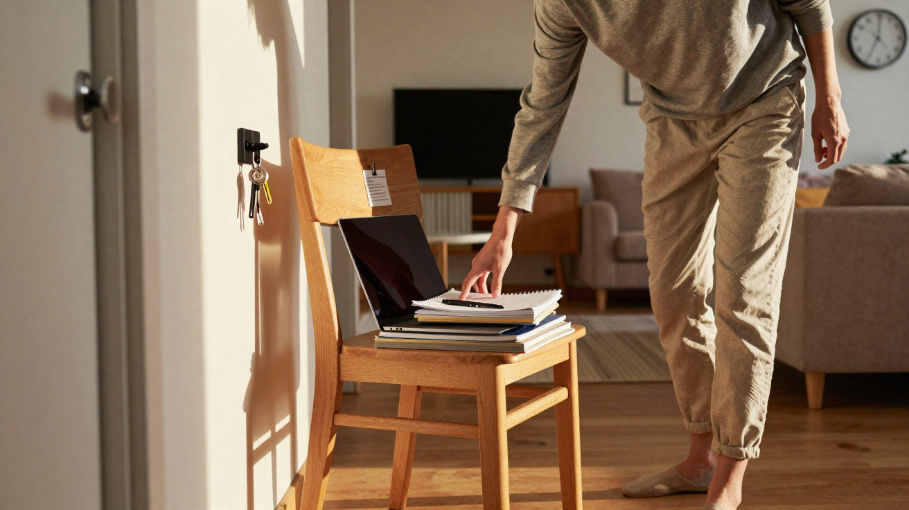 Person taking a notebook from a wooden chair holding a laptop and books in a sunlit living room.