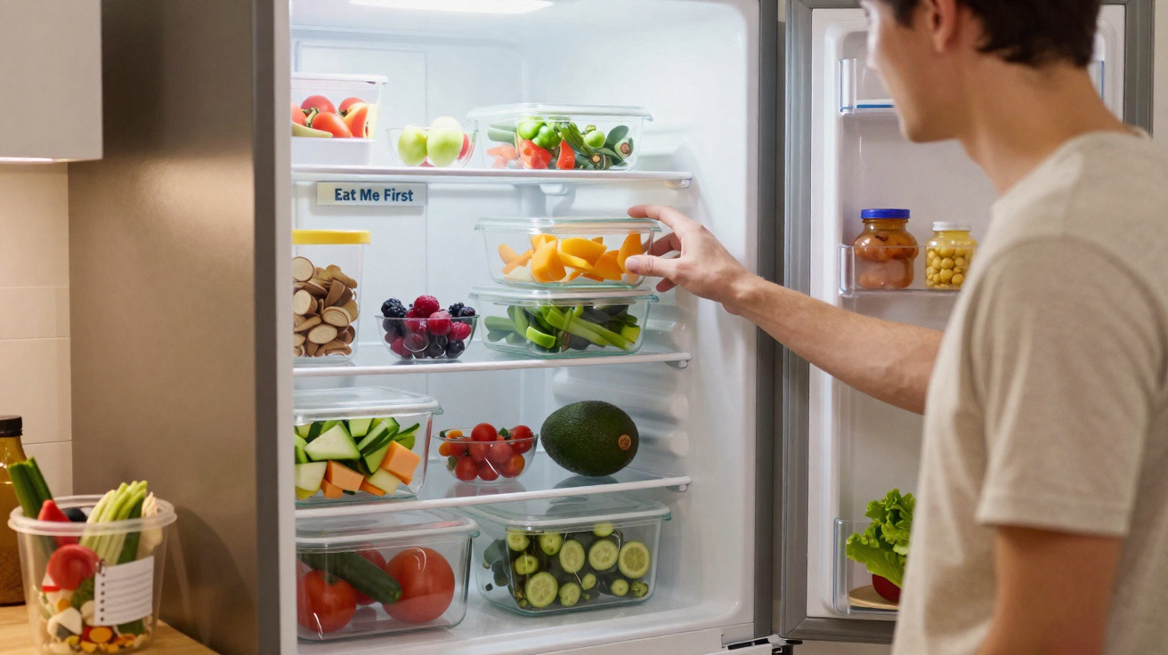 Person reaching for a container of sliced fruit in a fridge organised with labelled fresh vegetables and fruits.