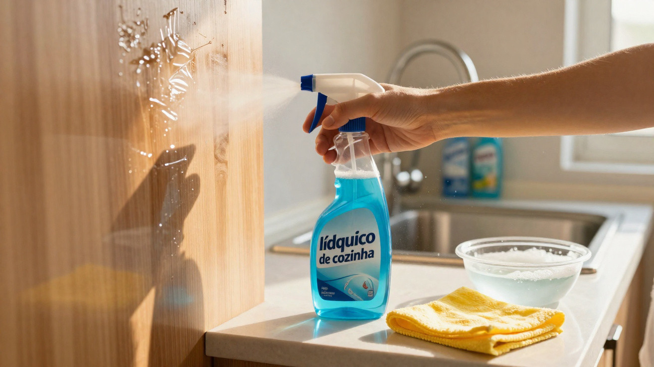 Hand spraying blue kitchen cleaner on a wooden cabinet near a sink with a yellow cloth and bowl.