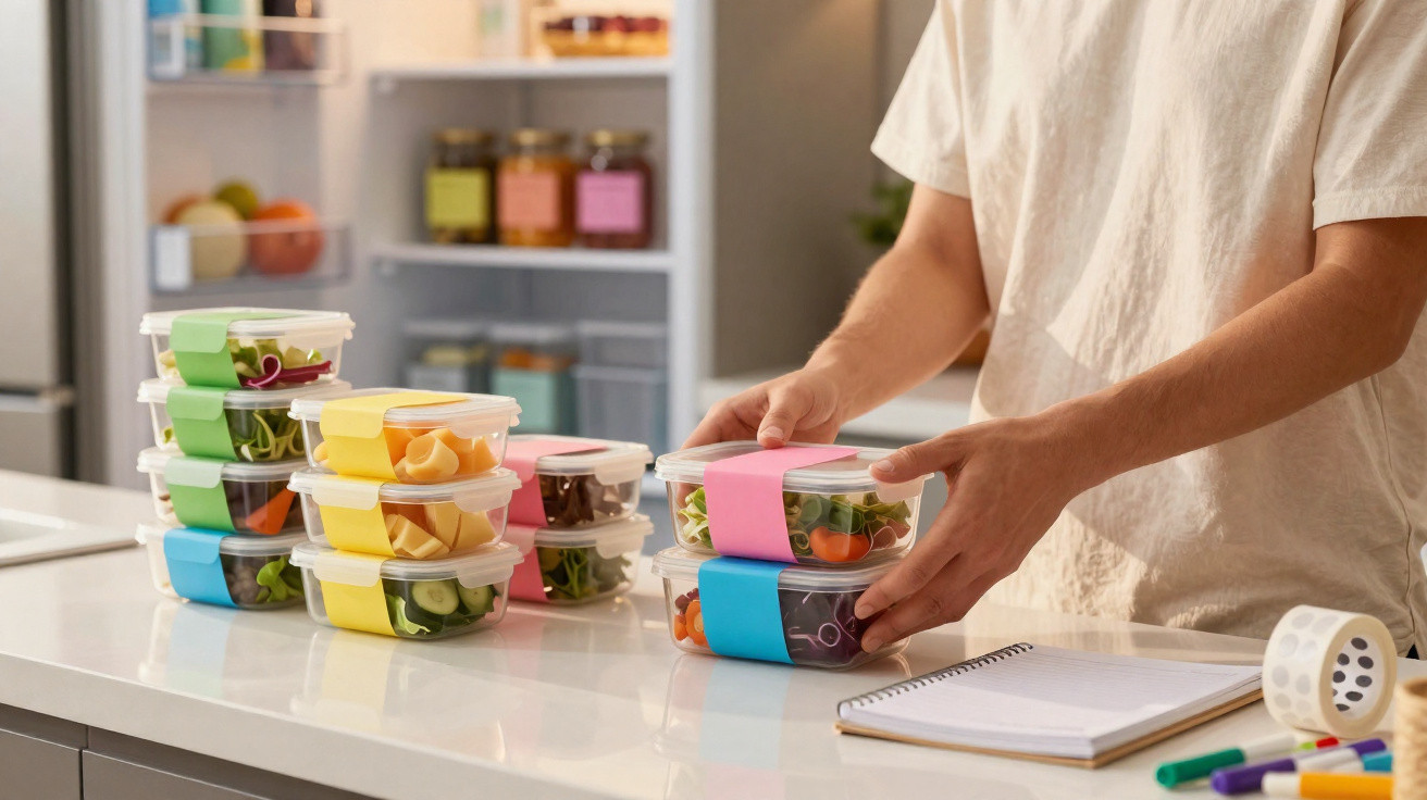 Person organising labelled meal prep containers filled with fresh vegetables on a kitchen counter.
