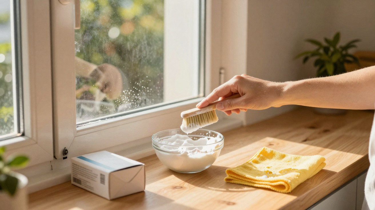 Hand holding a brush with soap suds near a window on a wooden countertop with a yellow cloth.