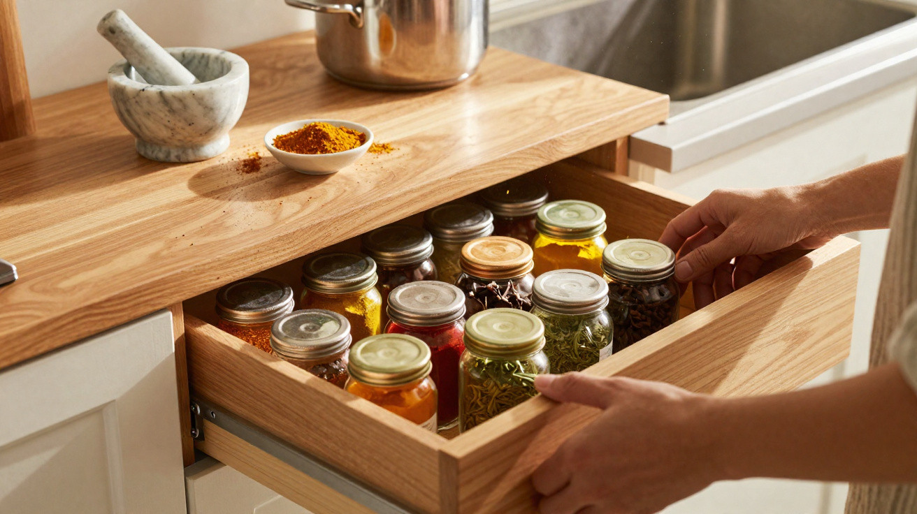 Hands opening a wooden kitchen drawer filled with various glass jars of spices and herbs.