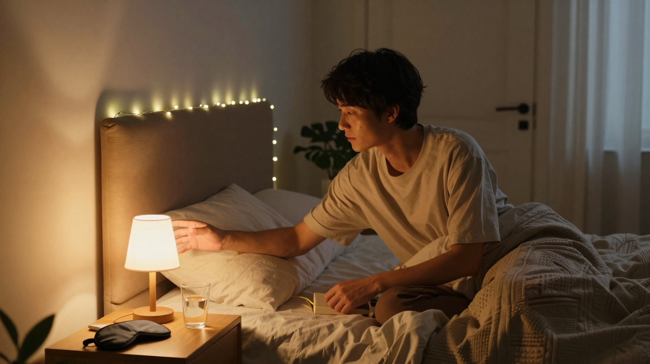 Person sitting on bed reaching to switch off a bedside lamp in a softly lit bedroom at night.