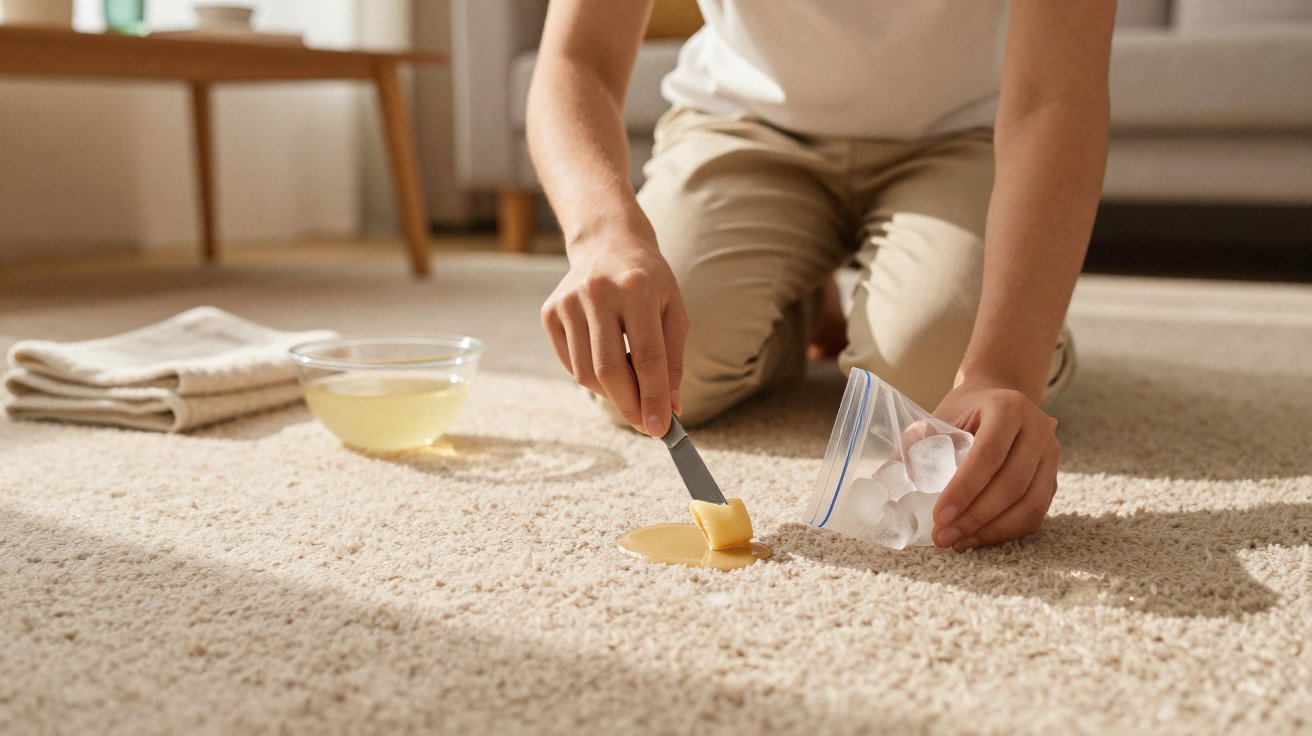 Person kneeling on carpet treating a spill with ice cubes and a scraper beside a bowl of liquid and cloth.