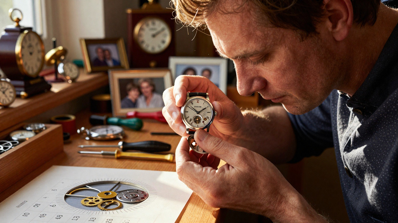 Man closely examining a watch mechanism at a wooden workbench with watch parts and tools around.