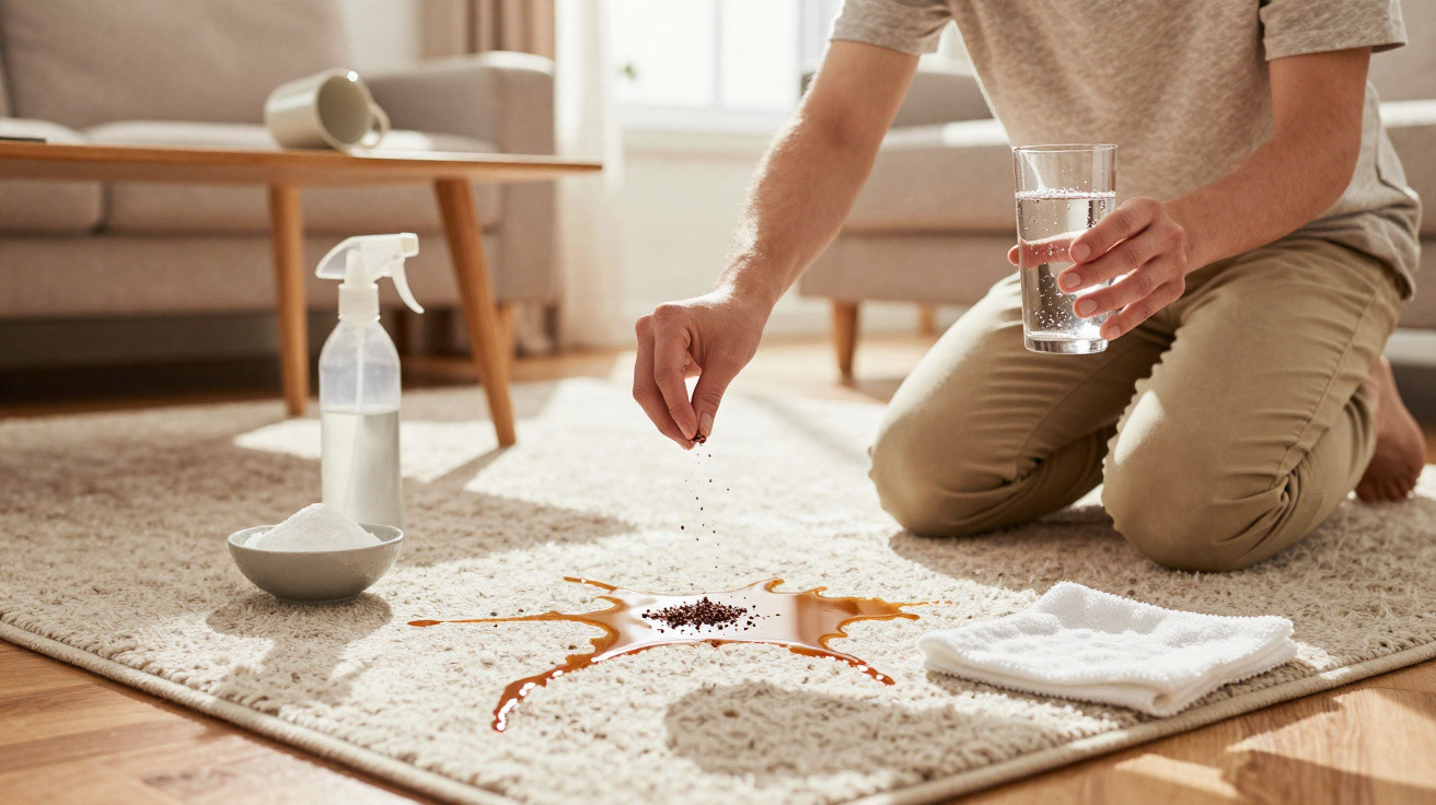 Person sprinkling cleaning powder on a spilled liquid stain on a beige carpet with cleaning spray and cloth nearby.