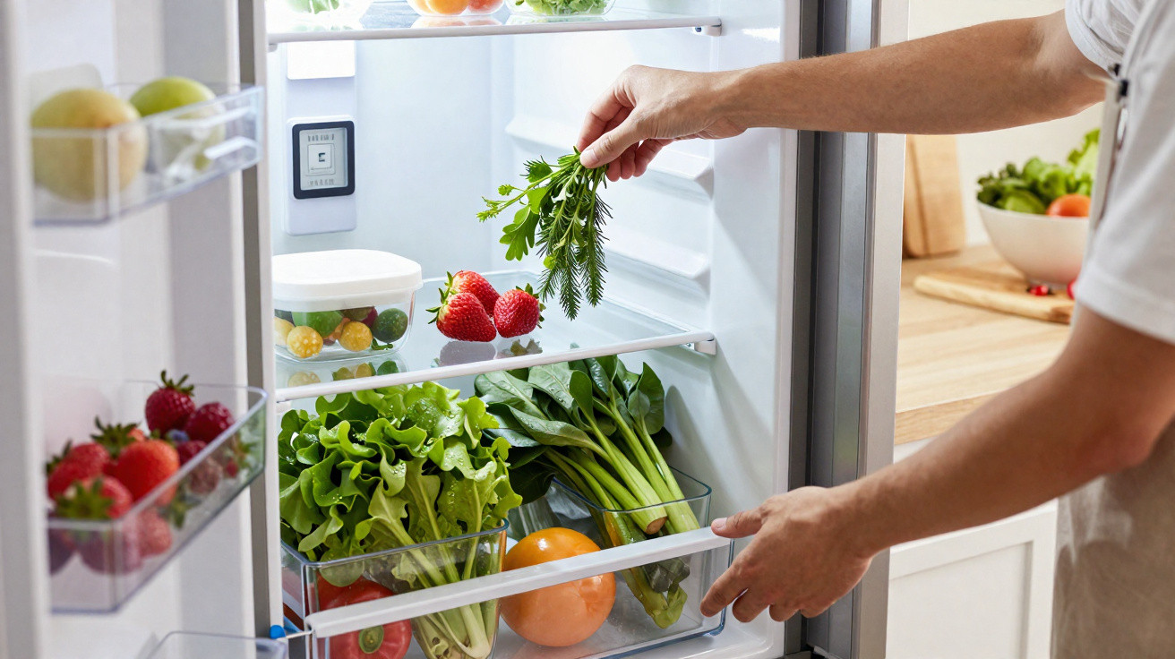 Person placing fresh herbs into a fridge stocked with strawberries, lettuce, grapes, and other vegetables.