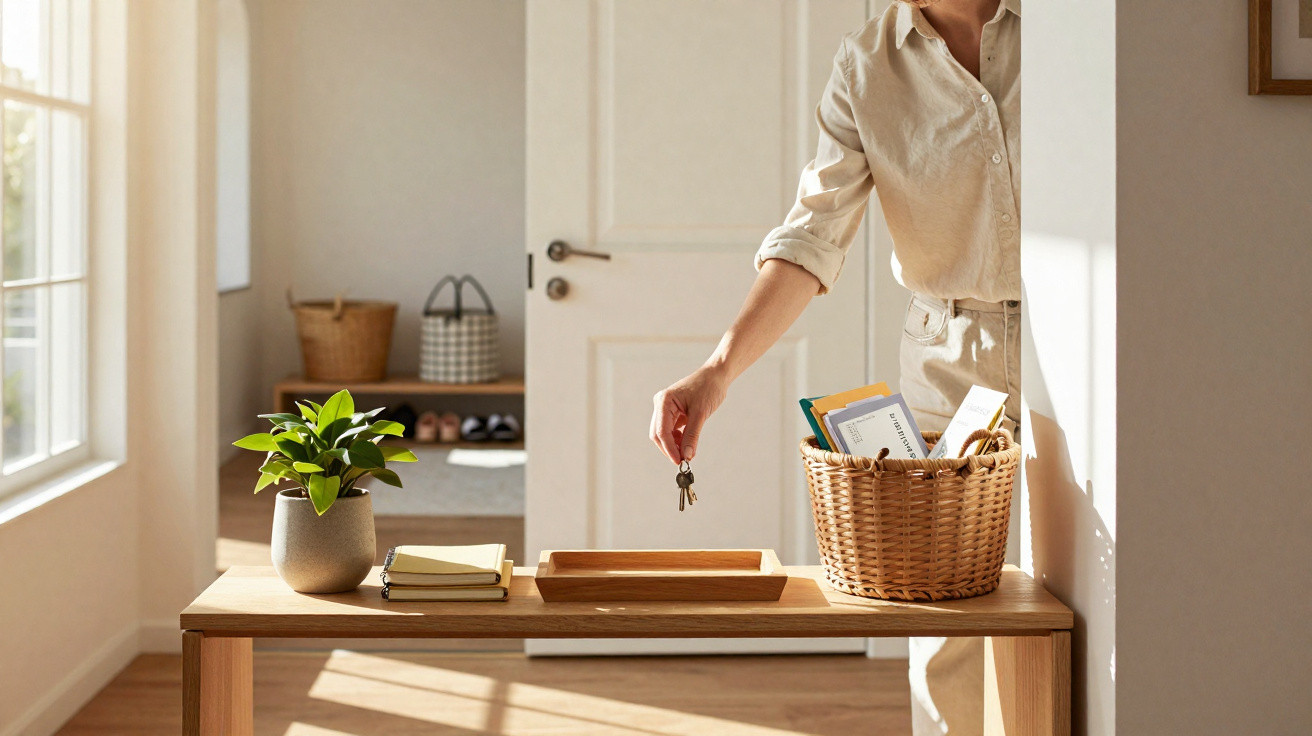 Person placing keys on a wooden table with a plant, books, and a basket in a sunlit hallway.