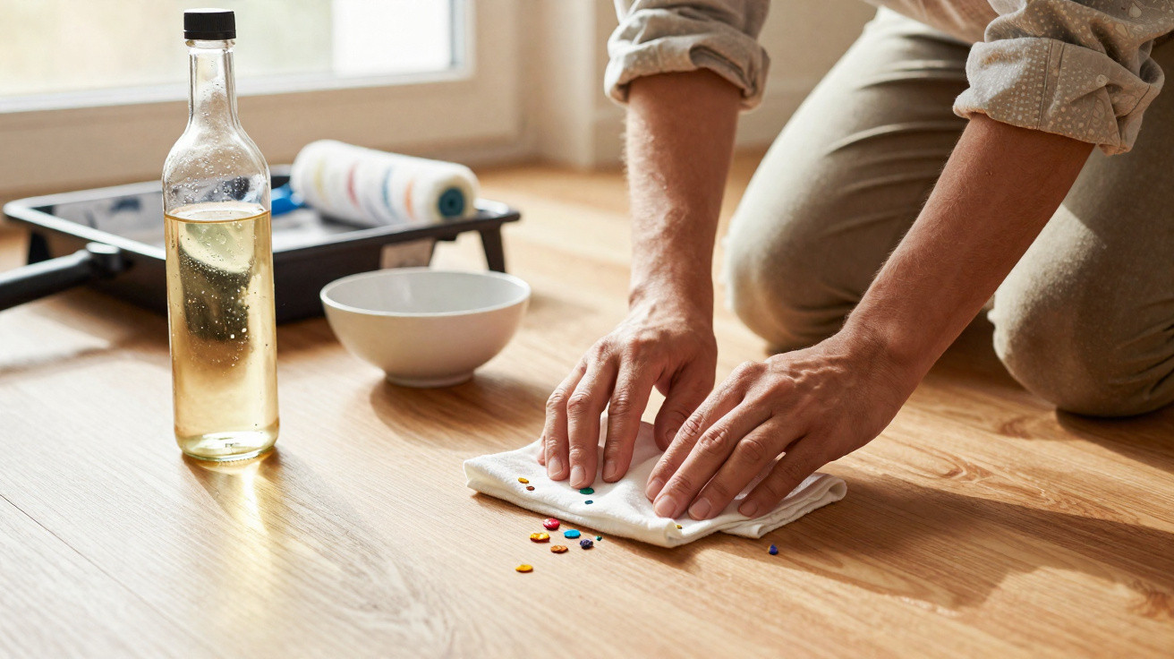 Person cleaning colourful small beads off wooden floor with cloth, surrounded by oil bottle, bowl, and paint roller tray.